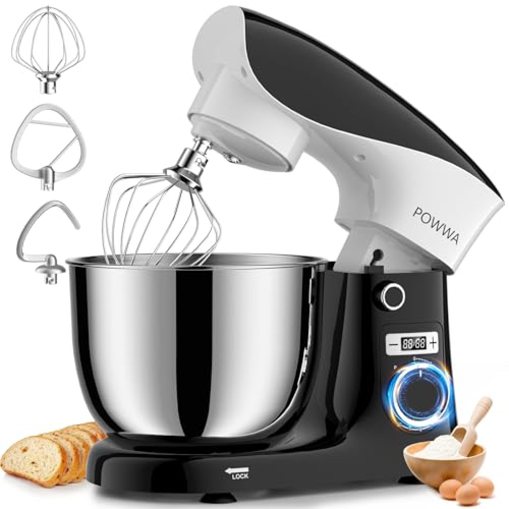 Stand Mixer, POWWA 6.5 QT 10 Speeds Tilt-Head Electric Stand Mixer, 3-In-1 Kitchen Mixer with Bowl, Dough Hook, Whisk and Beater, Food Mixer for Baking and Daily Use (Black White) Mixers Fiyatı