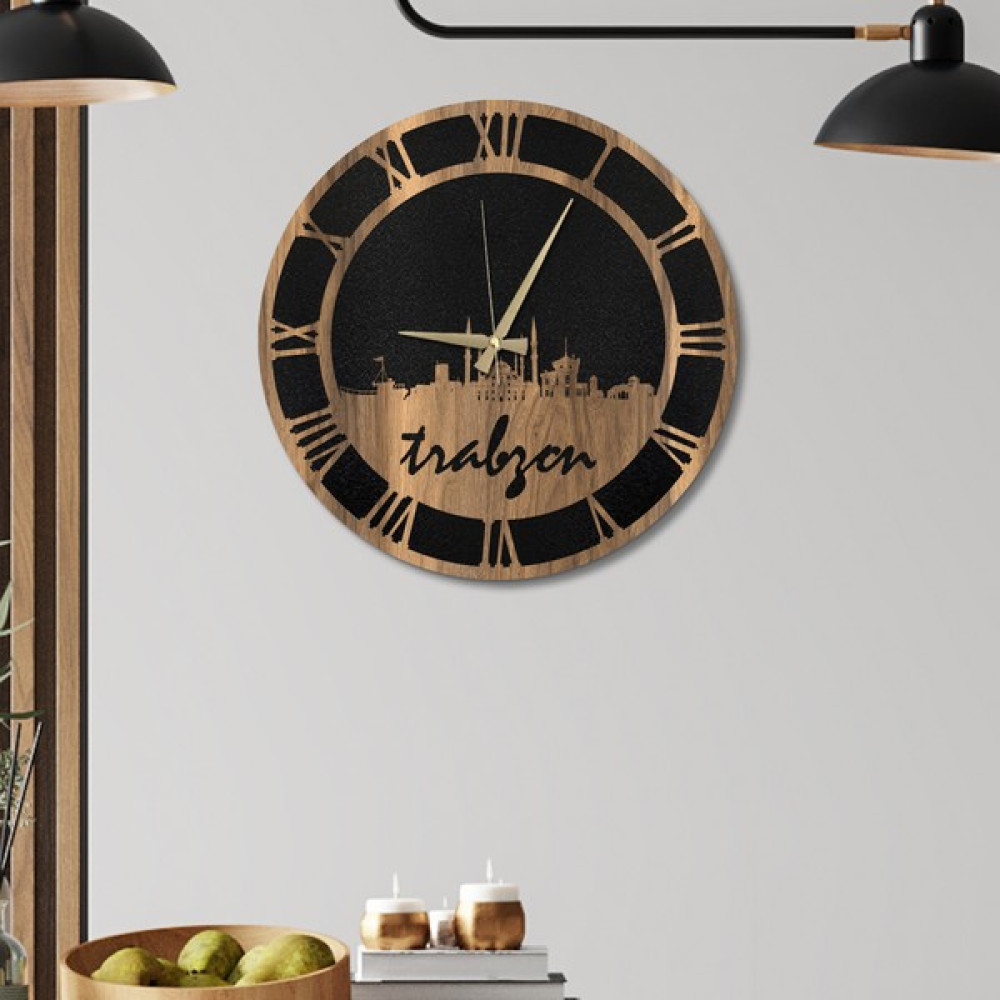Standarts W'clock Ahşap Duvar Saati - Trabzon Şehir Silüeti Dekoratif Saat Fiyatı