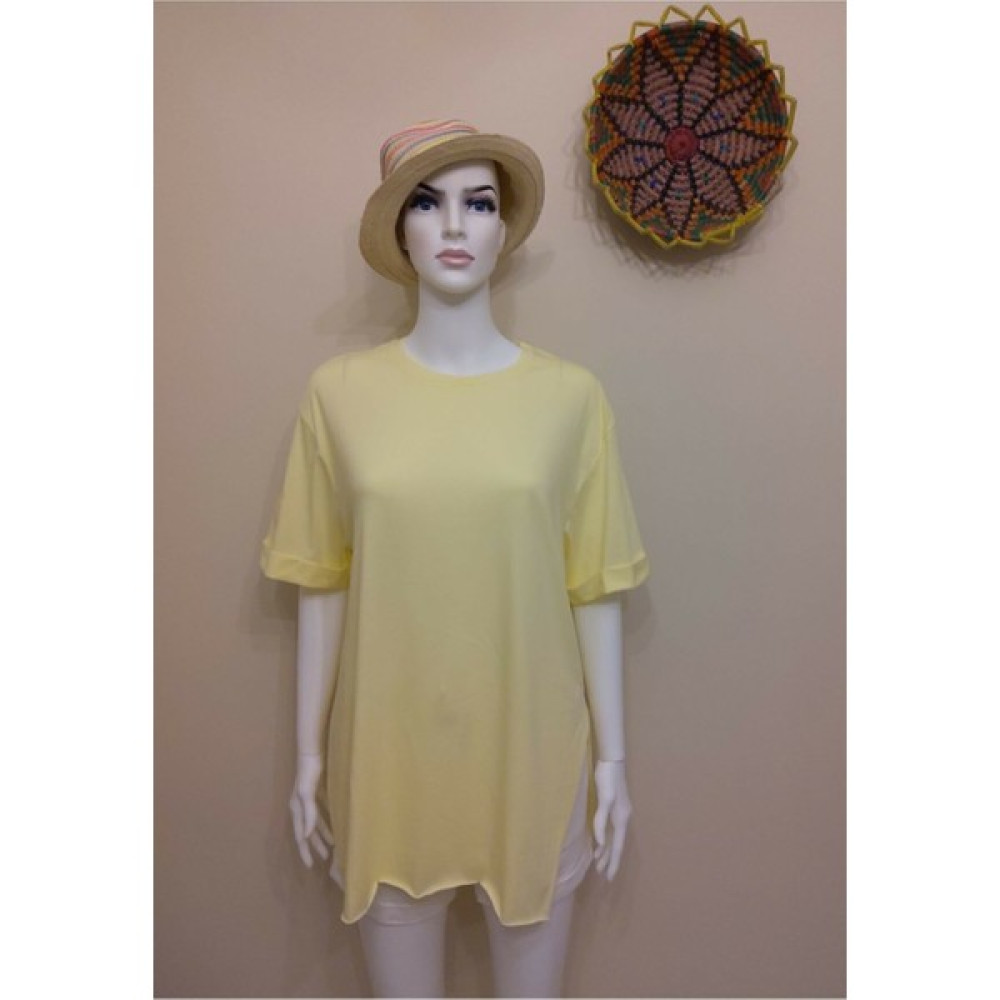 Stanpolis Pamuk Penye Kumaş Duble Kol Asimetrik Açık Sarı Tunik Bayan T-shirt Fiyatı