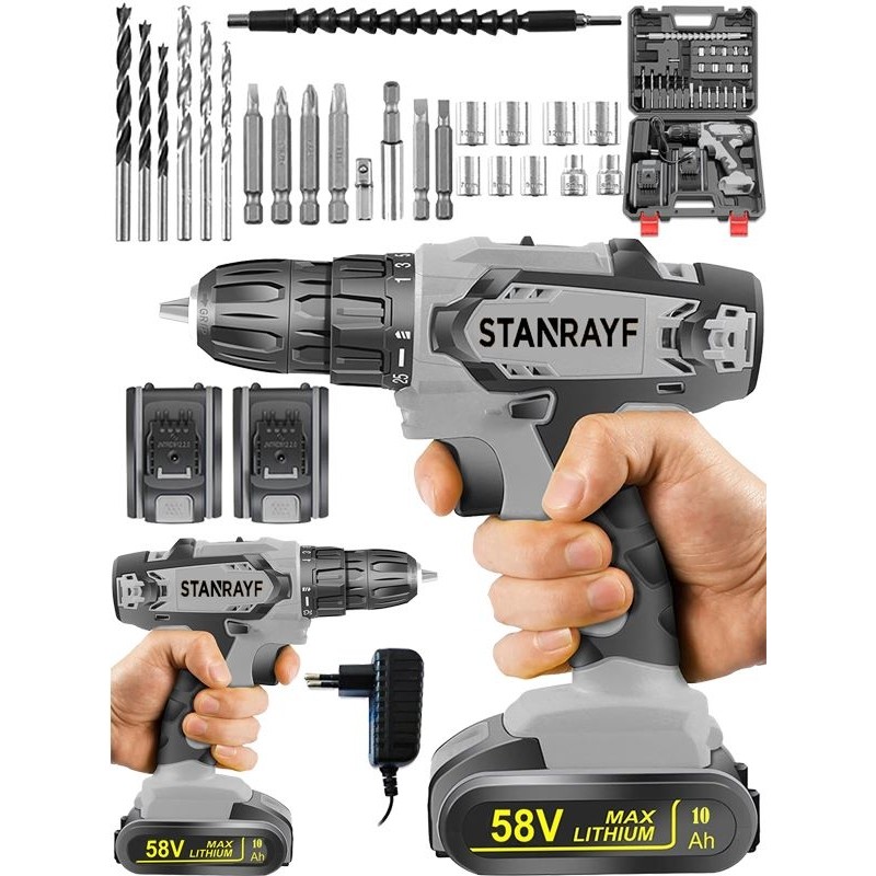 Stanrayf Alman Teknoloji 58 V 10 Ah Bakır Sargı Metal Şanzıman Çift Akülü Darbeli Matkap ve Vidalama Seti Parça Usta Set 27 Matkaplar Fiyatı