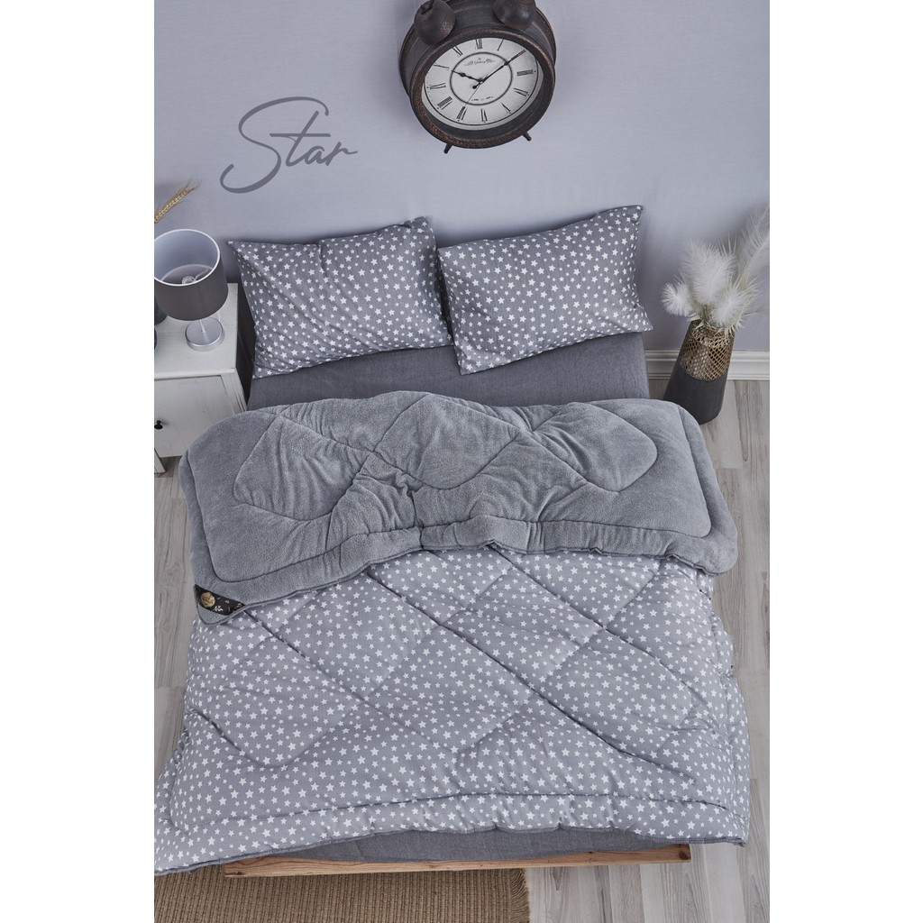 Star Gri Desenli Çift Kişilik Çift Taraflı Welsoft Yorgan Seti Wellsoft Battaniye Pofuduk Yumuşak Yorgan Seti - A,GRİ - Antrasit - 195 x 215 cm Yorgan Fiyatı