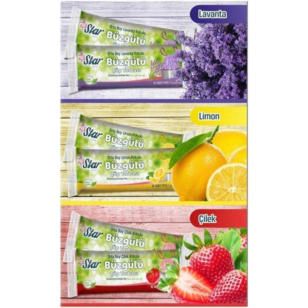 Star Plus (3 Adet) Lavanta - Limon - Çilek Kokulu Büzgülü Çöp Torbası - Orta Boy Çöp Poşetleri Fiyatı