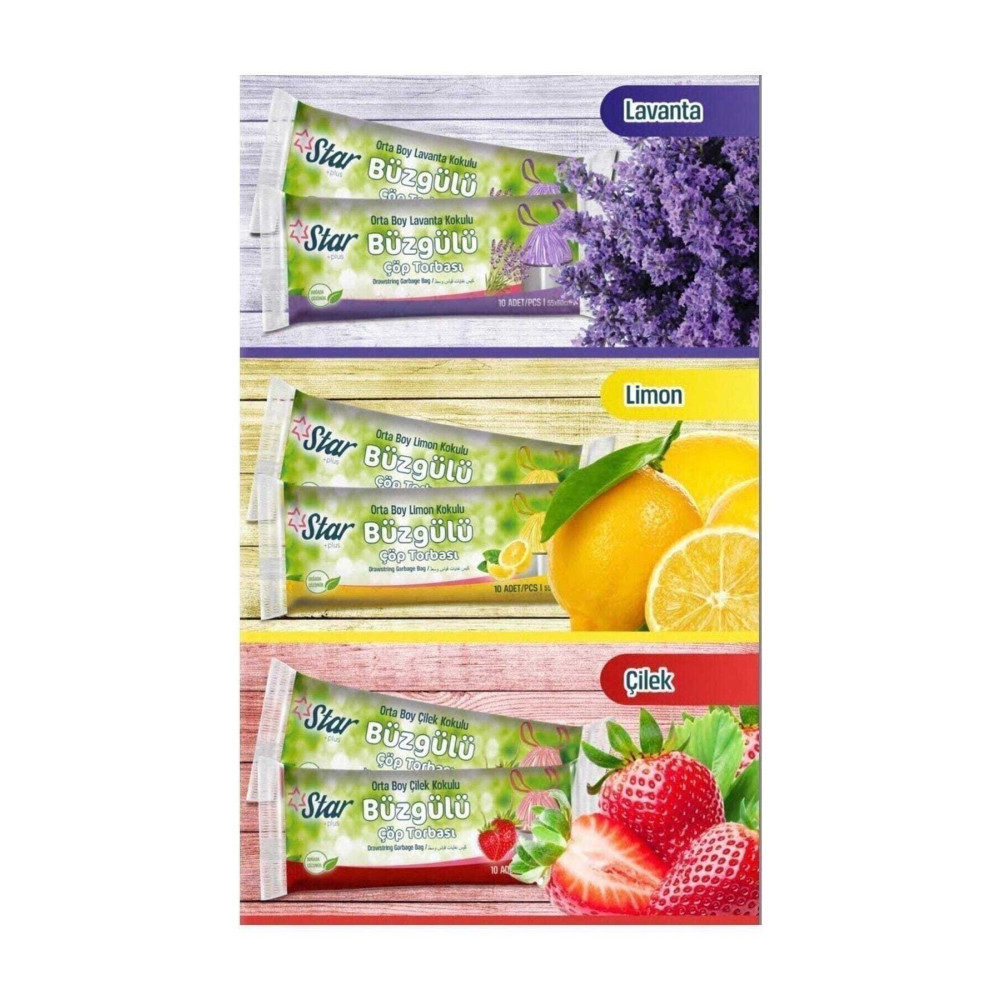 Star Plus (3 Adet) Lavanta - Limon - Çilek Kokulu Büzgülü Çöp Torbası Orta Boy 120 Gr. 55x60 Cm. Çöp Poşetleri Fiyatı