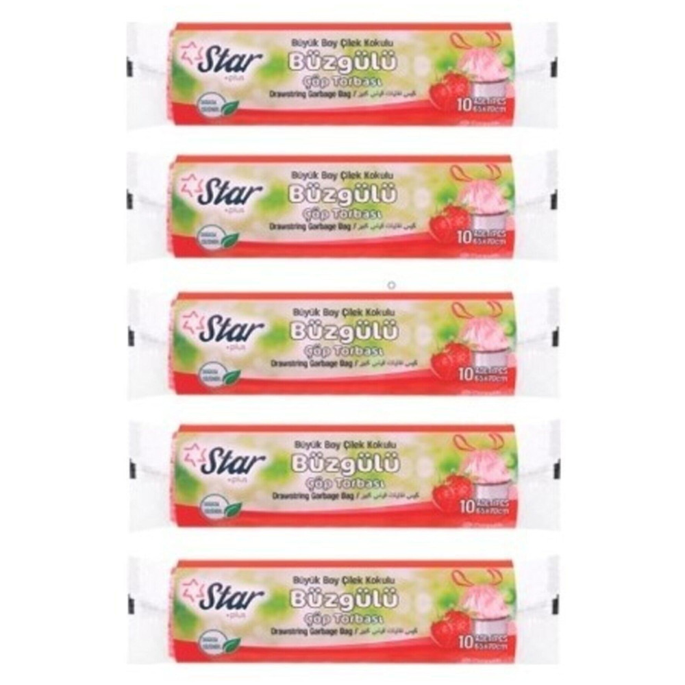 Star Plus Büzgülü Çöp Torbası / Poşeti - Büyük Boy 65x70 - Çilek Kokulu - 5 Rulo = 50 Li Çöp Poşetleri Fiyatı