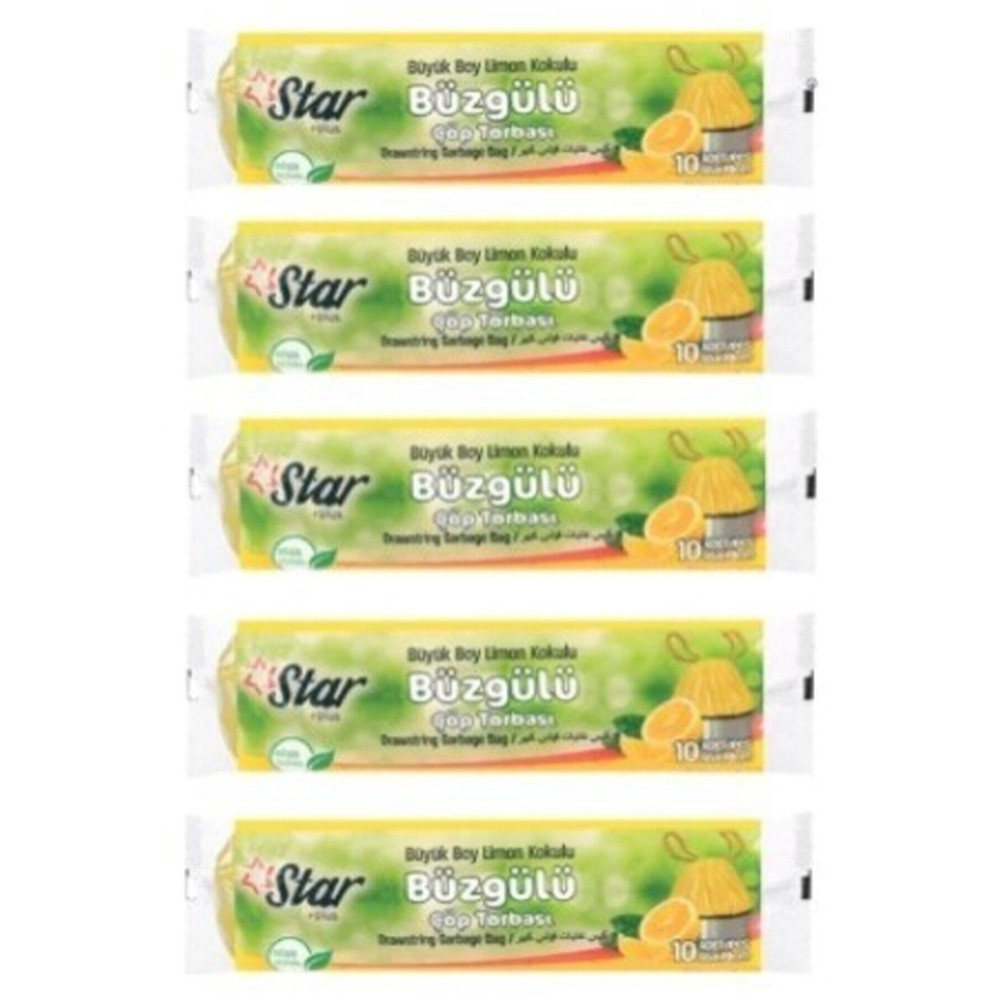Star Plus Büzgülü Çöp Torbası / Poşeti - Büyük Boy 65x70 - Limon Kokulu - 5 Rulo = 50 Li Çöp Poşetleri Fiyatı