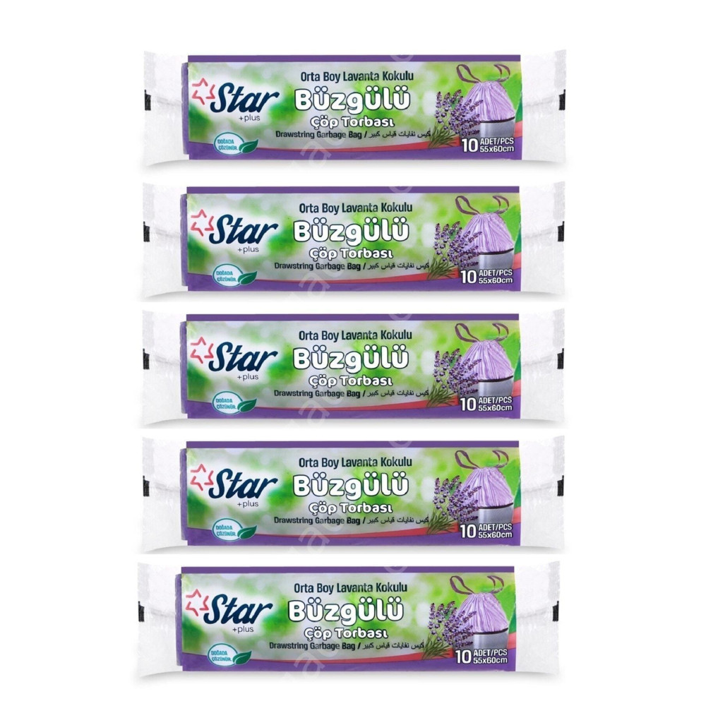 Star Plus Star Büzgülü Çöp Torbası / Poşeti - Orta Boy 55x60 - Lavanta Kokulu - 5 Rulo = 50 Li Çöp Poşetleri Fiyatı