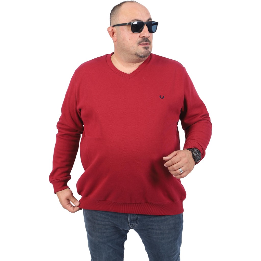 Starbattal Büyük Beden V Yaka Double Face Basic 22720-BORDO Erkek Sweatshirt Fiyatı