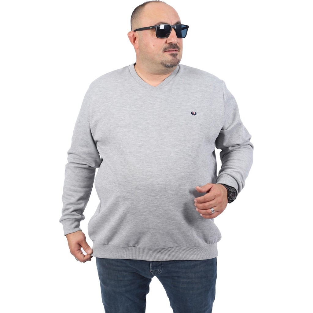 Starbattal Büyük Beden V Yaka Double Face Basic 22720-GRI Melanj Erkek Sweatshirt Fiyatı