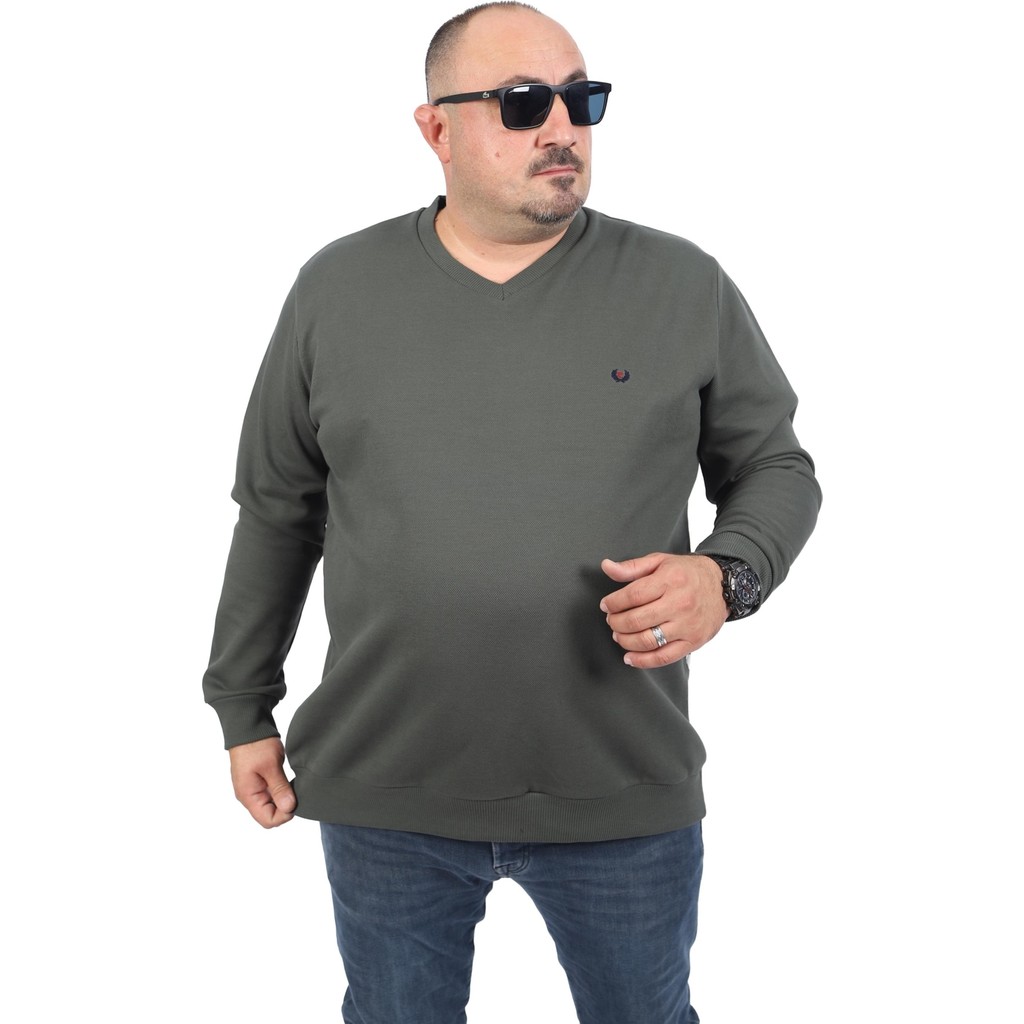 Starbattal Büyük Beden V Yaka Double Face Basic 22720-HAKI Erkek Sweatshirt Fiyatı