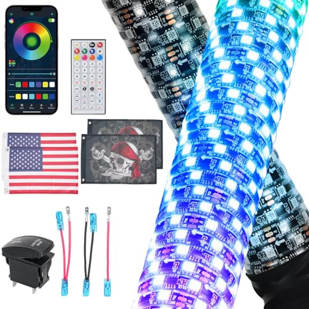 STARKMAN (2 Pack) 2FT Fat RGB LED Whip Lights with App & Remote Control, Spiral RGB Chase Light Up Antenna Whip with Joystick Switch, Safety Music Whip Light for SXS ATV UTV Polaris RZR Can-am