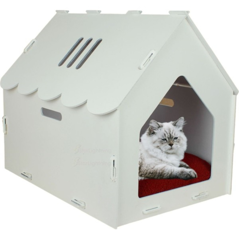 Starlightning Ahşap Büyük Kedi Yatağı Premium Kalite Beyaz Kedi Evi 50X35 cm Parlak Boyalı Çatılı Çizgili Model Evcil Hayvan Ürünleri Fiyatı