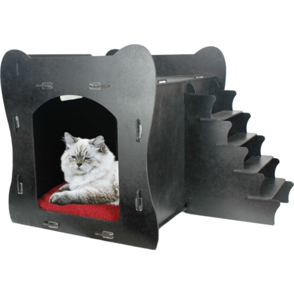 Starlightning Ahşap Büyük Kedi Yatağı Premium Kalite Siyah Kedi Evi 50X35 cm Parlak Boyalı Merdivenli Model Evcil Hayvan Ürünleri Fiyatı