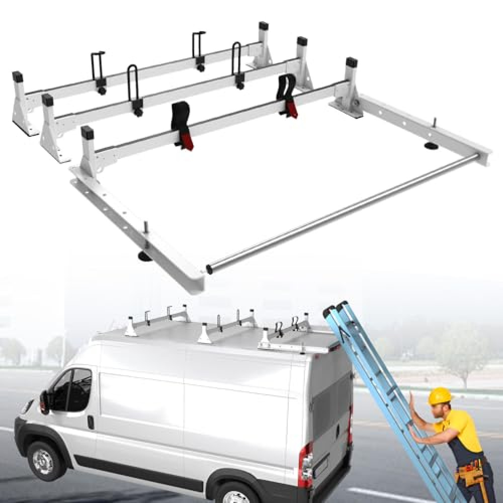 StarONE 57" Heavy Duty Steel Van Roof Rack,Van Ladder Rack with Rear Cargo Roller Fit for 2013-2023 Ram Promaster,White,3 Bars,750lbs