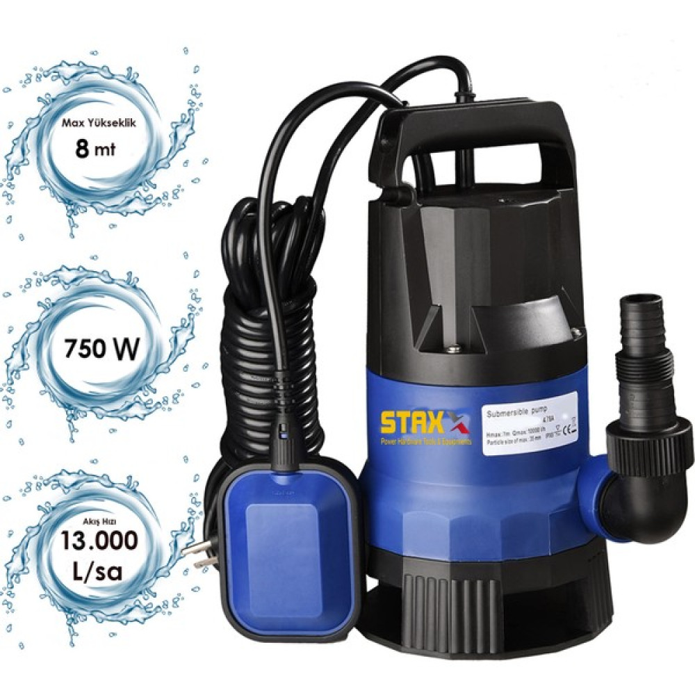 Staxx Power 750W Plastik Gövdeli Kirli ve Temiz Su Dalgıç Pompa Seti Şamandıralı Otomatik Paket Su Motoru Fiyatı