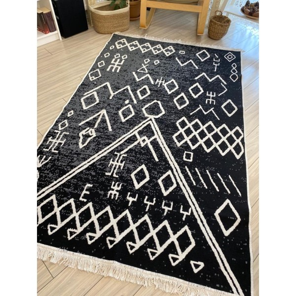 Stay With Love Kilim Çift Taraflı Pamuklu Dokuma Yıkanabilir Iskandinav Kilim - Siyah - Beyaz - 120 x 180 cm Kilim Fiyatı