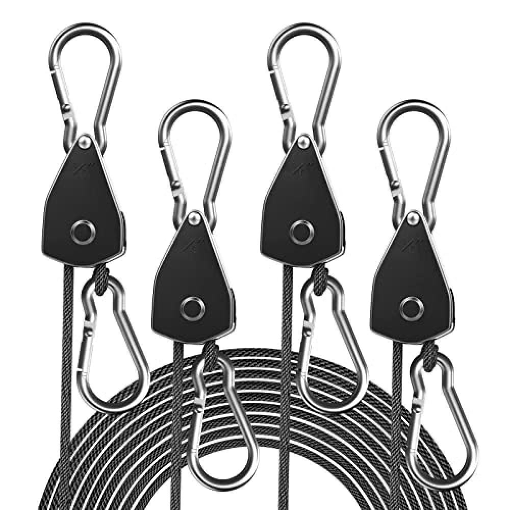 STAYGROW 4-Pack 1/8" Adjustable Rope Hanger, Heavy Duty Ratchet Tie Down Strap with Reinforced Metal Gear, Ratcheting Pulley System Kayak Straps for Hanging Plants Grow Light and Various Tie-Down Uses