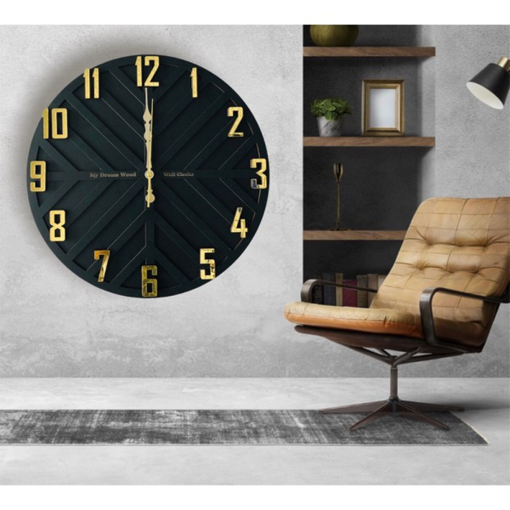 STE Desing Dekoratif Ahşap Duvar Saati,wall Clock, Wood Clock,ahşap Saat,duvar Saati,saat - Siyah - Gold - 42 x 42 cm Dekoratif Saat Fiyatı