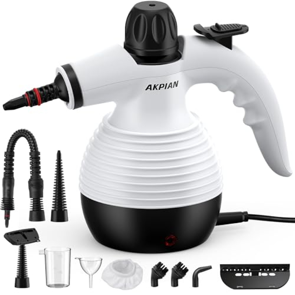 Steamer for Cleaning, Multipurpose Portable Steam Cleaners for Home Use with Safety Lock and 10 Accessory Kit to Remove Grime, Grease, and More (Black) (White)