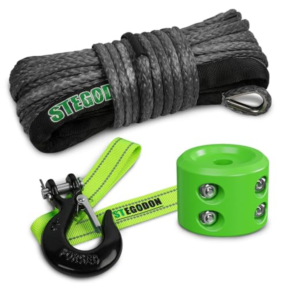 STEGODON Synthetic Winch Rope, 1/4'' x 50ft 10,000LBS Synthetic Winch Line 1/4 Winch Cable Replacement Synthetic Rope with Forged Winch Hook and Rubber Stopper for 4WD Off Road Vehicle ATV UTV (Gray)