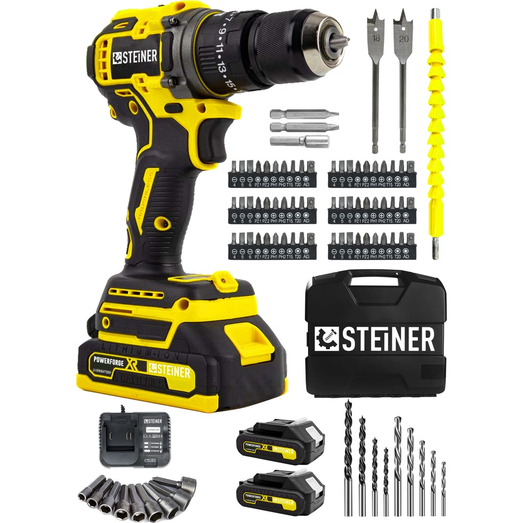 Steiner 21V Çift Akü Kömürsüz Motor Çelik Mandren Darbeli Akülü Vidalama Şarjlı Matkap (84 Parça Usta Set) Matkaplar Fiyatı