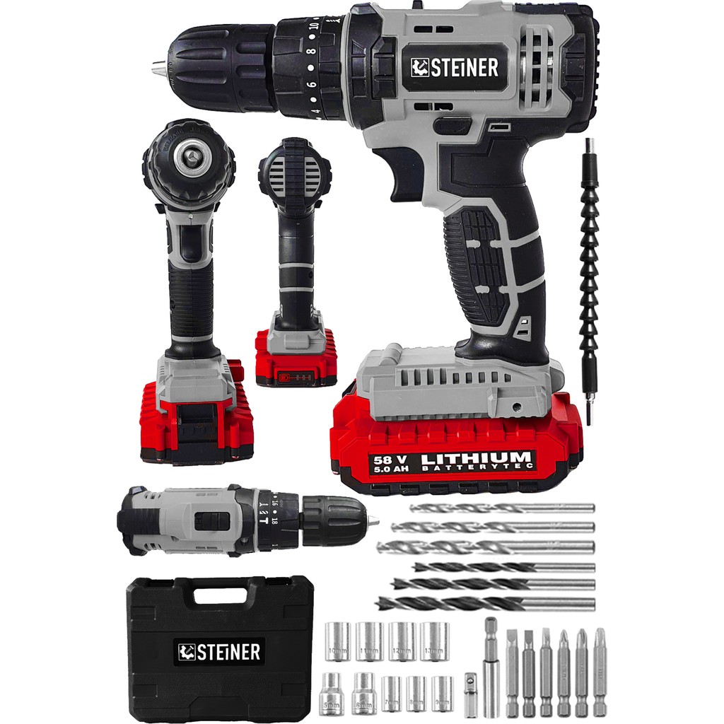 Steiner Alman 58 V 5 Ah Darbeli Lityum Çift Akülü Sjs Metal Şanzıman Şarjlı Vidalama Matkap 24 Pcs Set Matkaplar Fiyatı