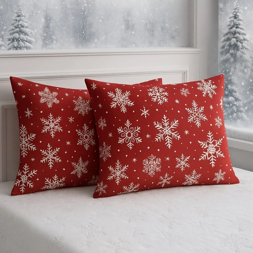 Stella Flavo Desenli Pamuklu Yılbaşı Kar Desen Yastık Kılıfı 2 Adet 50 x 70 cm - Kırmızı Yastık Kılıfı Fiyatı
