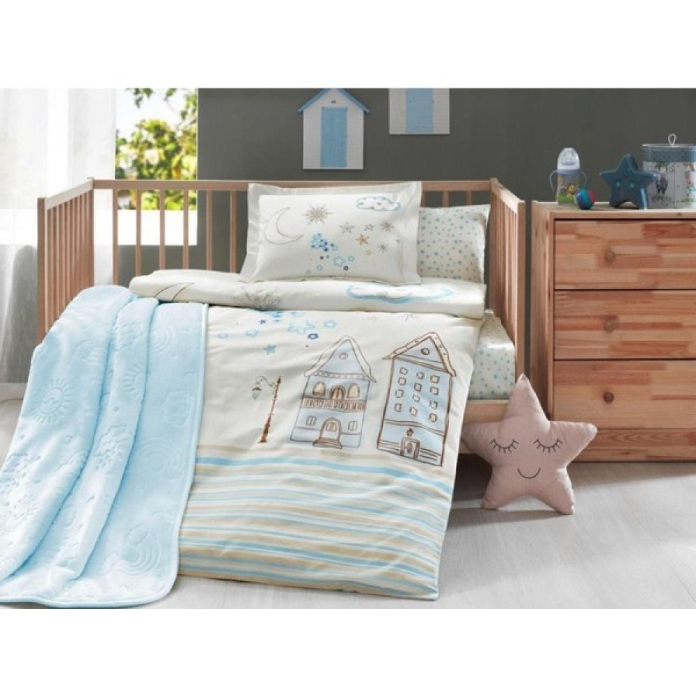 Stella Premium Bebek Battaniyeli Nevresim Takımı Mavi - Açık Kahverengi - 120 x 180 cm Bebek Nevresim Takımı Fiyatı