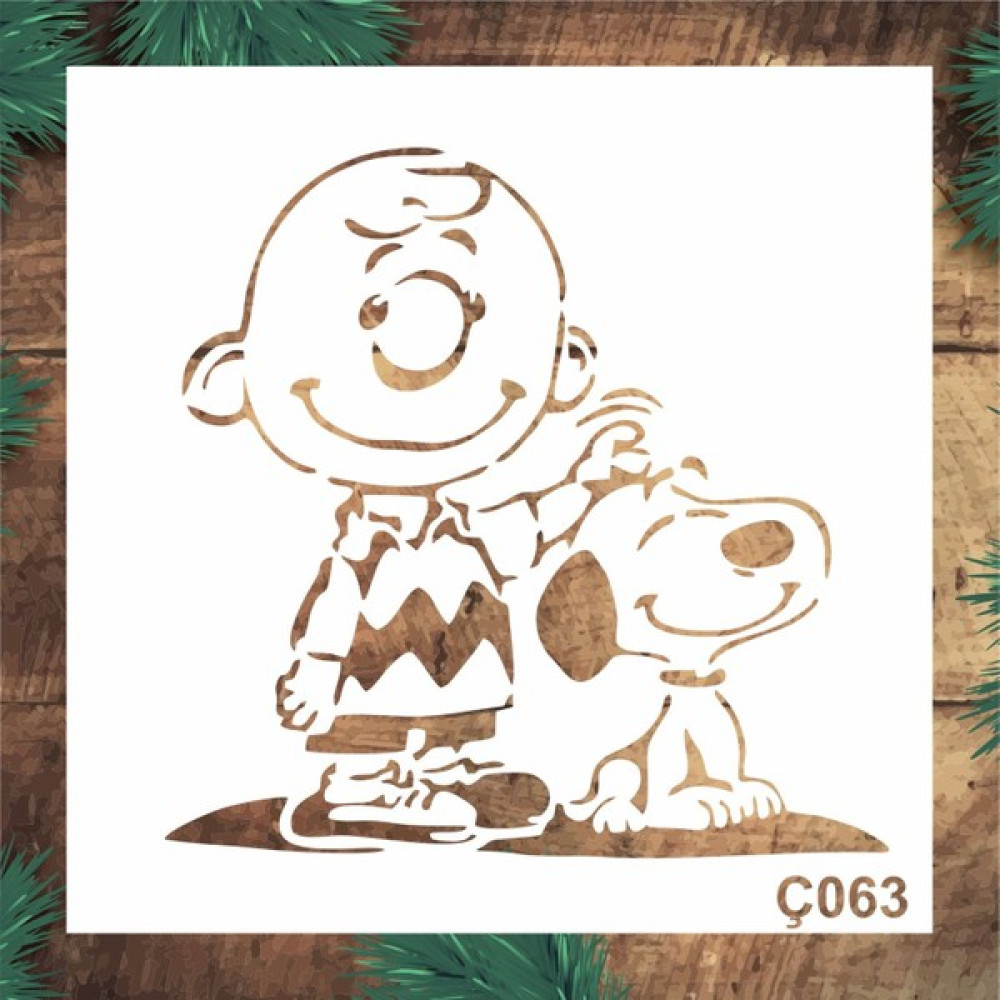Stencil Tasarım Ç063 Charlie ve Snoopy Duvar Ahşap Boyama Desen Kalıbı Duvar Ahşap Cam Boyama Deseni - 30x30cm - ölçü seçiniz Yardımcı Malzeme Fiyatı