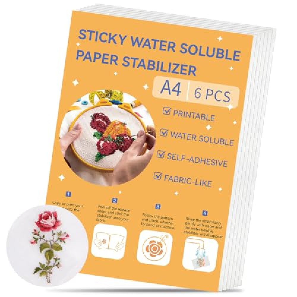 Stick and Stitch Embroidery Paper Wash Away 6 Pcs 8.5"x11", Water Soluble Stabilizer for Embroidery, Dissolvable Printable Water Soluble Embroidery Transfer Paper for Hand and Machine Embroidery