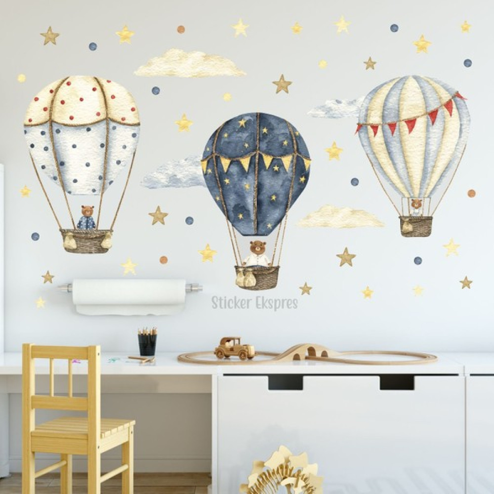 Sticker Ekspres Ayıcıklı Uçan Balonlar Çocuk Odası Duvar Sticker Seti - 100 x 70 cm - Renkli Sticker Fiyatı