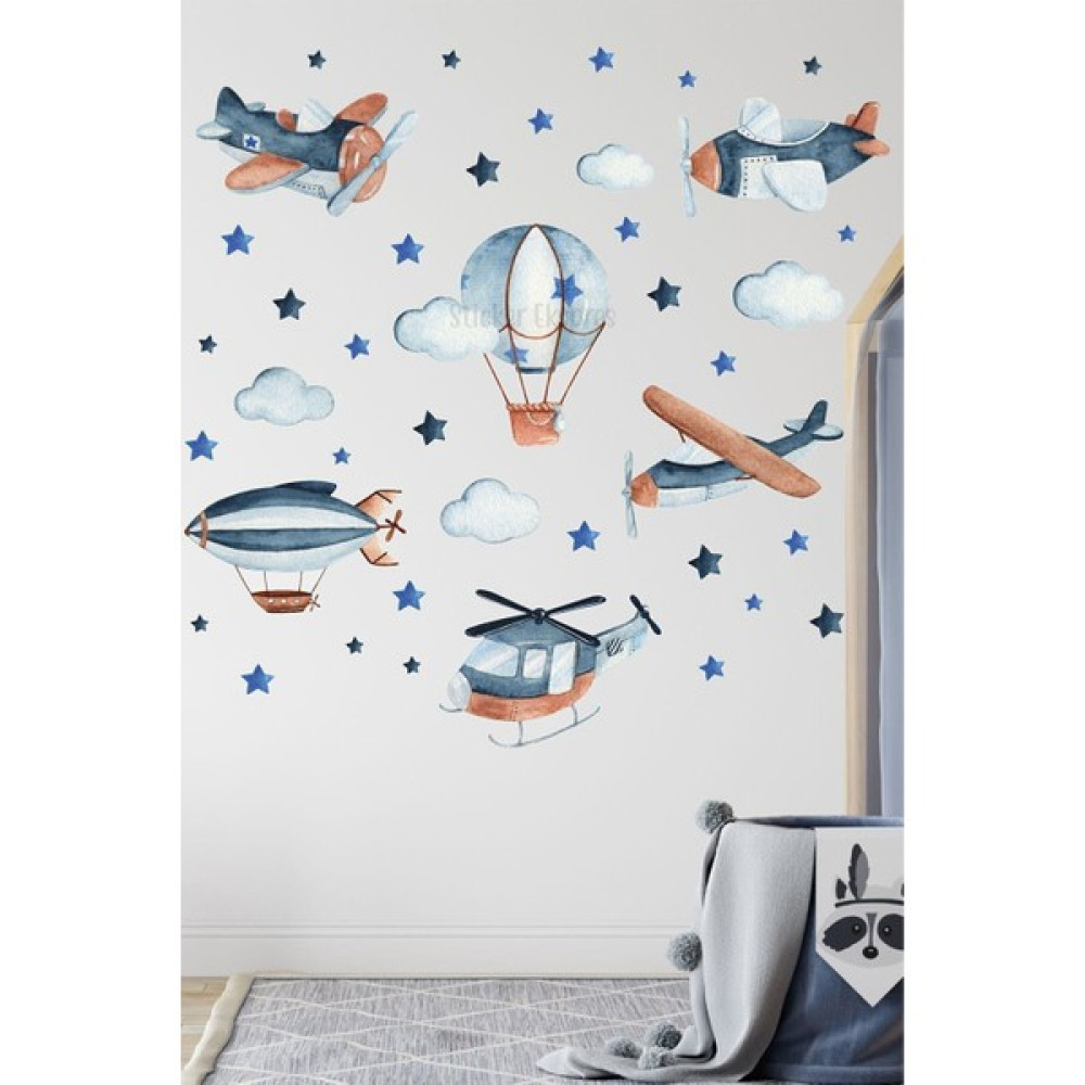 Sticker Ekspres Lacivert ve Mavi Hava Taşıtları Çocuk Odası Duvar Sticker Seti - 100 x 70 cm - Renkli Sticker Fiyatı