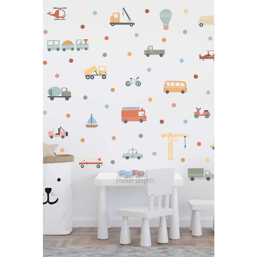 Sticker Ekspres Pastel Renk Araçlar Arabalar Çocuk Odası Duvar Sticker Seti 100 x 40 Beden Duvar Stickerı Fiyatı