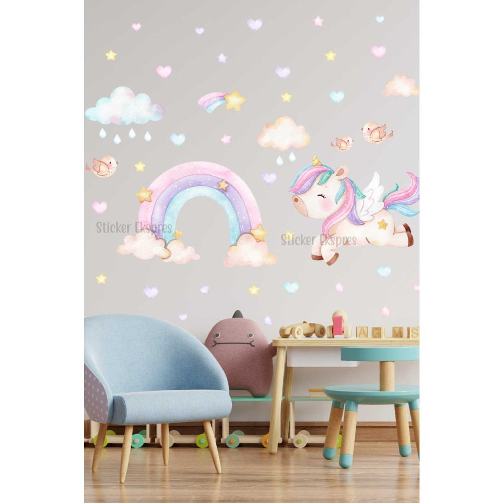 Sticker Ekspres Unicorn Ve Gökkuşağı Set Çocuk Odası Duvar Sticker Duvar Stickerı Fiyatı