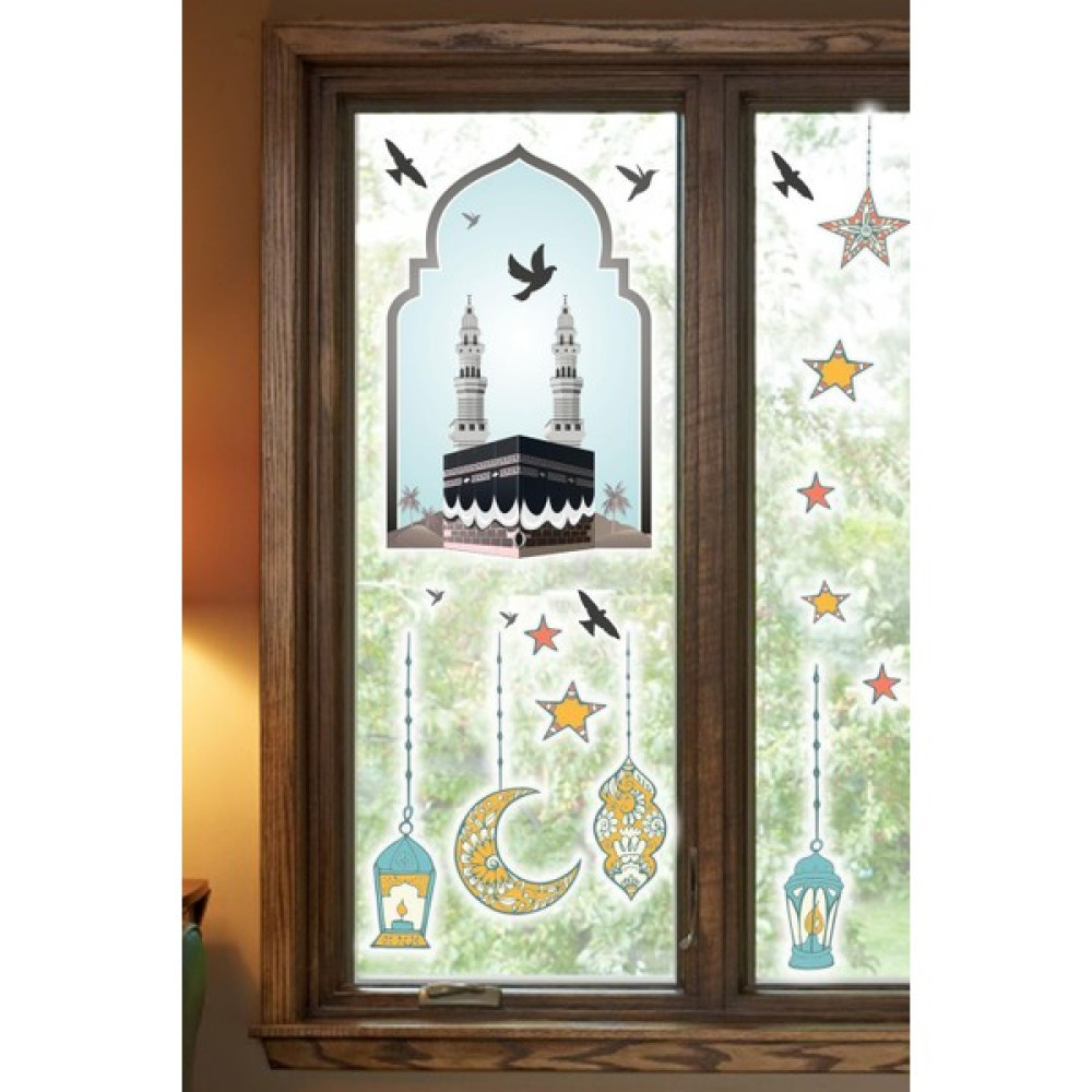 Sticker Hoşgeldin Ramazan Cam Duvar Sticker - Kabe Kuşlar ve Fener Figürlü Duvar Cam Sticker - 10 cm Sticker Fiyatı