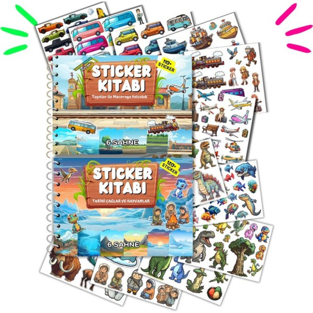 Sticker Kitabı Çağlar ve Hayvanlar - Taşıtlar ile Yolculuk 2'li Set Okul Öncesi Eğitici & Öğretici Kitaplar Fiyatı