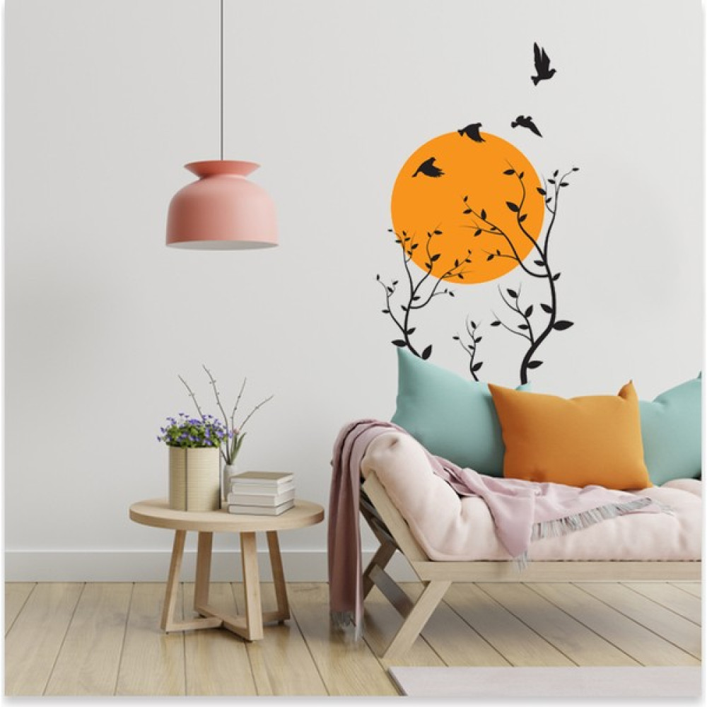Sticker Sepetim Iskandinav Stil Güneş Uçan Kuşlar ve Dallar Duvar Sticker - 50 x 100 cm - Renkli Duvar Stickerı Fiyatı