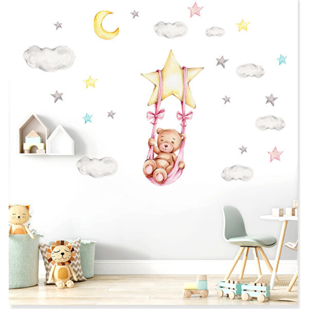 Sticker Sepetim Salıncakta Sallanan Sevimli Ayıcık Bulut ve Yıldızlar 2 Çocuk Odası Duvar Sticker - 50 x 100 cm - Renkli Duvar Stickerı Fiyatı