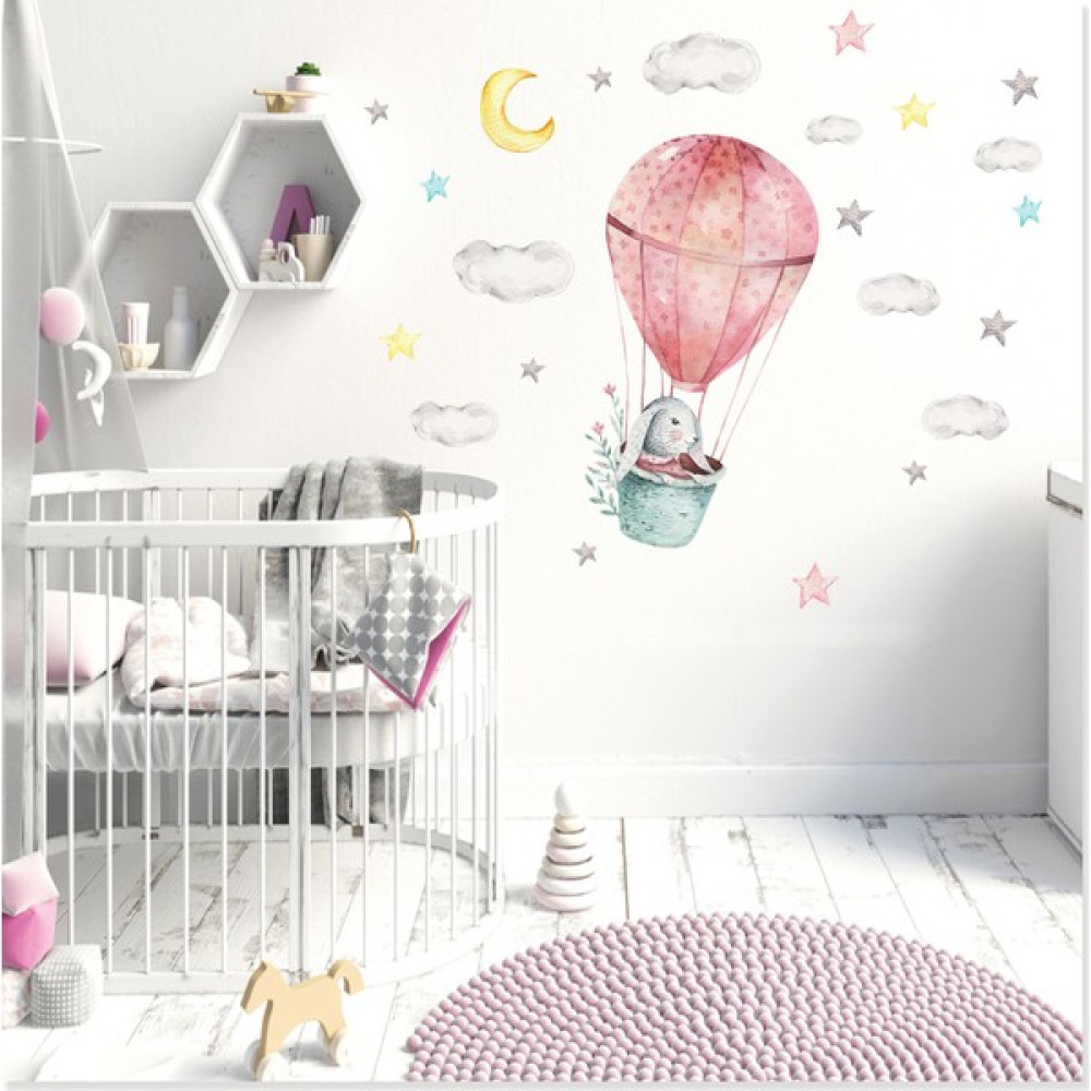 Sticker Sepetim Uçan Balonda Sevimli Tavşan Bulut ve Yıldızlar Çocuk Odası Rüya Duvar Sticker - 50 x 100 cm - Renkli Duvar Stickerı Fiyatı
