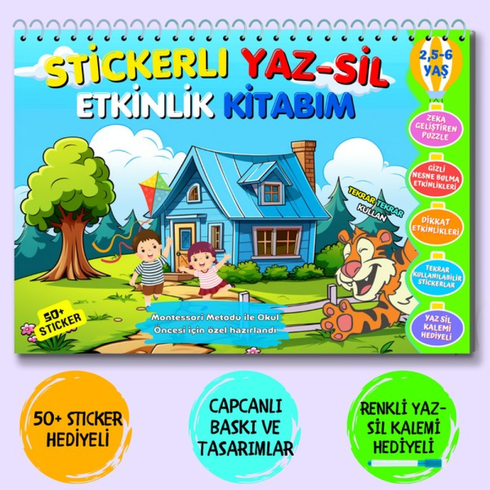 Stickerlı Yaz-Sil Etkinlik Kitabım 1 (Kaplan Serisi) Okul Öncesi Eğitici & Öğretici Kitaplar Fiyatı