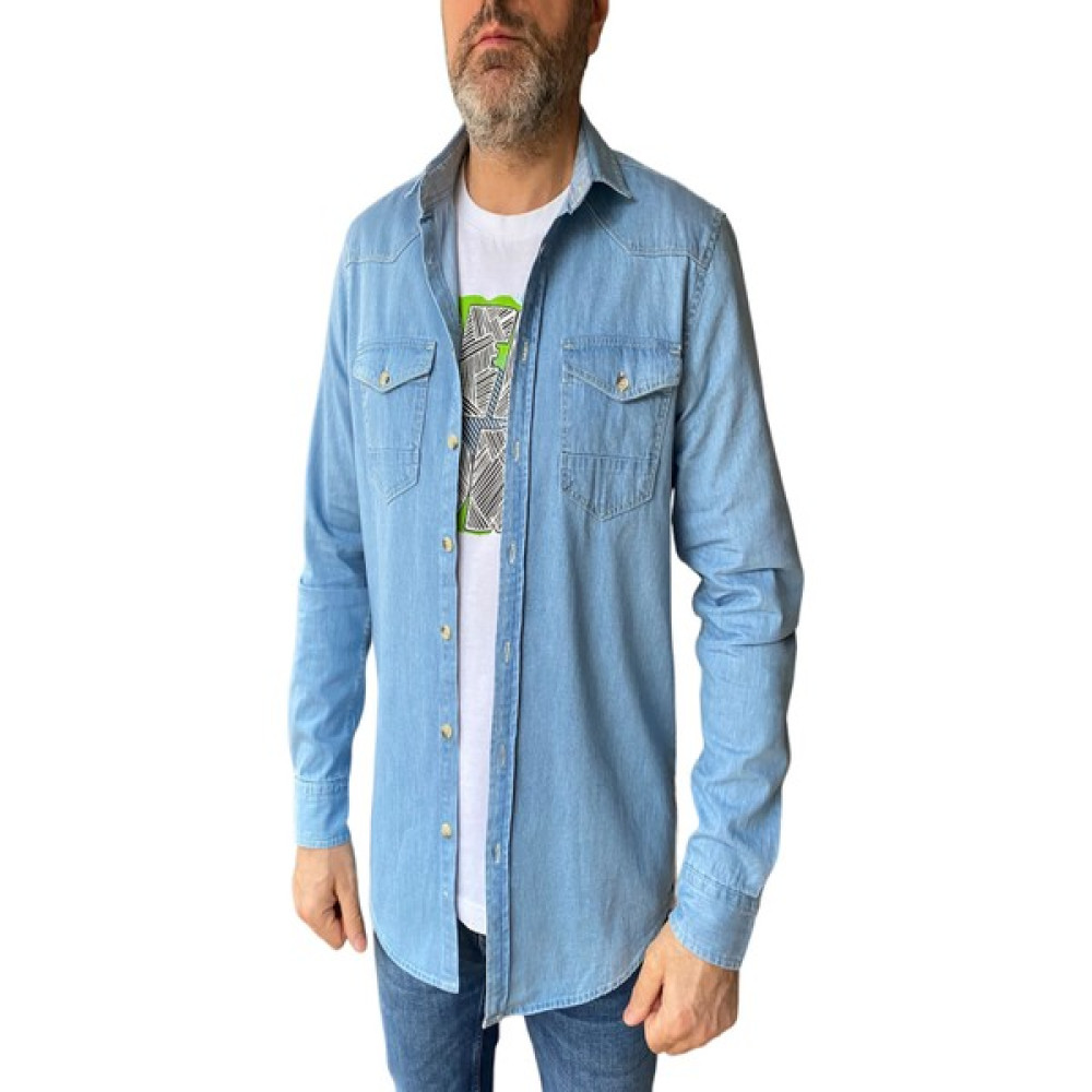 Stil D.f Mavi Slim Fit Çift Cepli Düğmeli Kot Jean Gömlek Erkek Gömlek Fiyatı