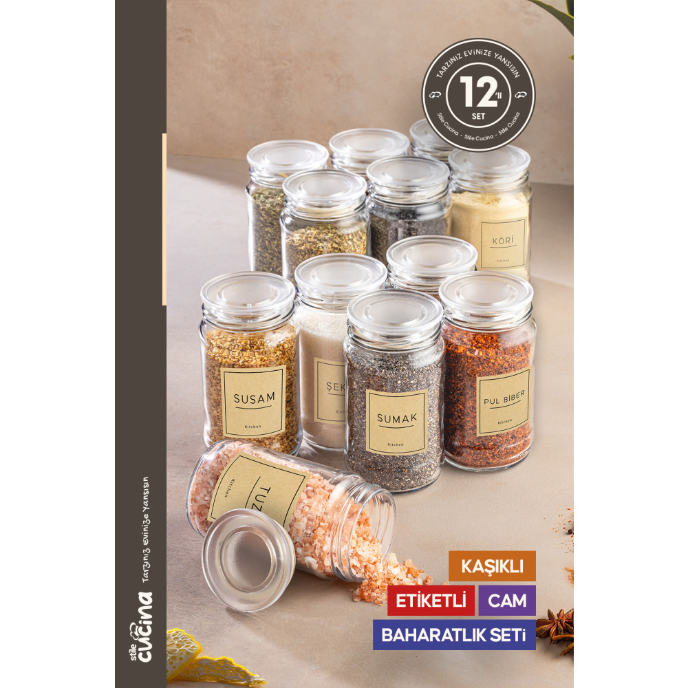 Stile Cucina 12 Adet Cam Baharatlık Etiketli Kaşıklı Vakumlu Kapak 330 ml Şeffaf Baharat Setleri & Baharatlıklar Fiyatı