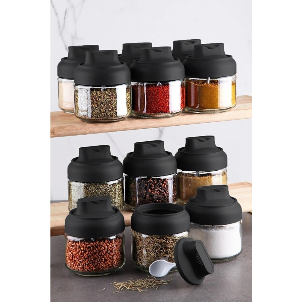Stile Cucina 12 Adet Mat Kapaklı Kendinden Kaşıklı Cam Baharatlık Seti 300 ml Siyah Baharat Setleri & Baharatlıklar Fiyatı