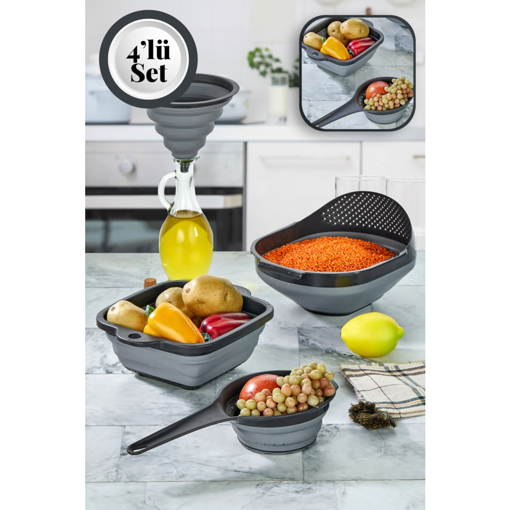 Stile Cucina 4lü Akordiyon Katlanır Süzgeç Seti - Mutfak Çeyiz Seti - (akordeon Saplı Pirinç Süzgeci Huni Gri) Mutfak Gereçleri Fiyatı