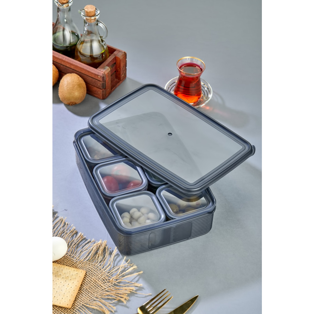 Stile Cucina 6lı Kare Tepsili Ve Bölmeli Kapaklı Çizgili Vakumlu Kahvaltılık Seti Antrasit Saklama Kapları Fiyatı