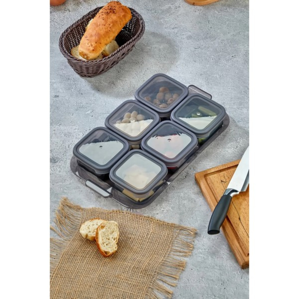 Stile Cucina 6'lı Vakumlu Ekonomik Kapaklı Tepsili Kahvaltı Takımı Seti Antrasit Kahvaltı Takımı Fiyatı
