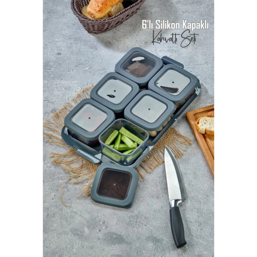 Stile Cucina 6'lı Vakumlu Ekonomik Silikon Kapaklı Tepsili Kahvaltı Takımı Seti Antrasit Kahvaltı Takımı Fiyatı