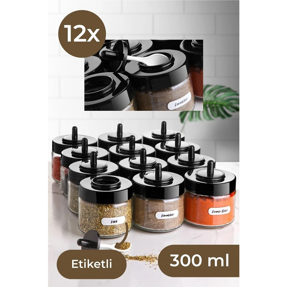 Stile Cucina Etiketli 12 Adet Kapağı Kendinden Kaşıklı Baharatlık Seti Kısa Baharat Setleri & Baharatlıklar Fiyatı