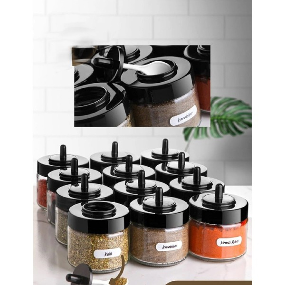 Stile Cucina Etiketli 12 Adet Kapağı Kendinden Kaşıklı Baharatlık Seti Kısa - Siyah - 300 ml Baharat Setleri & Baharatlıklar Fiyatı