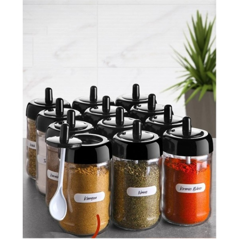 Stile Cucina Etiketli 12 Adet Kapağı Kendinden Kaşıklı Baharatlık Seti Uzun - Siyah - 300 ml Baharat Setleri & Baharatlıklar Fiyatı