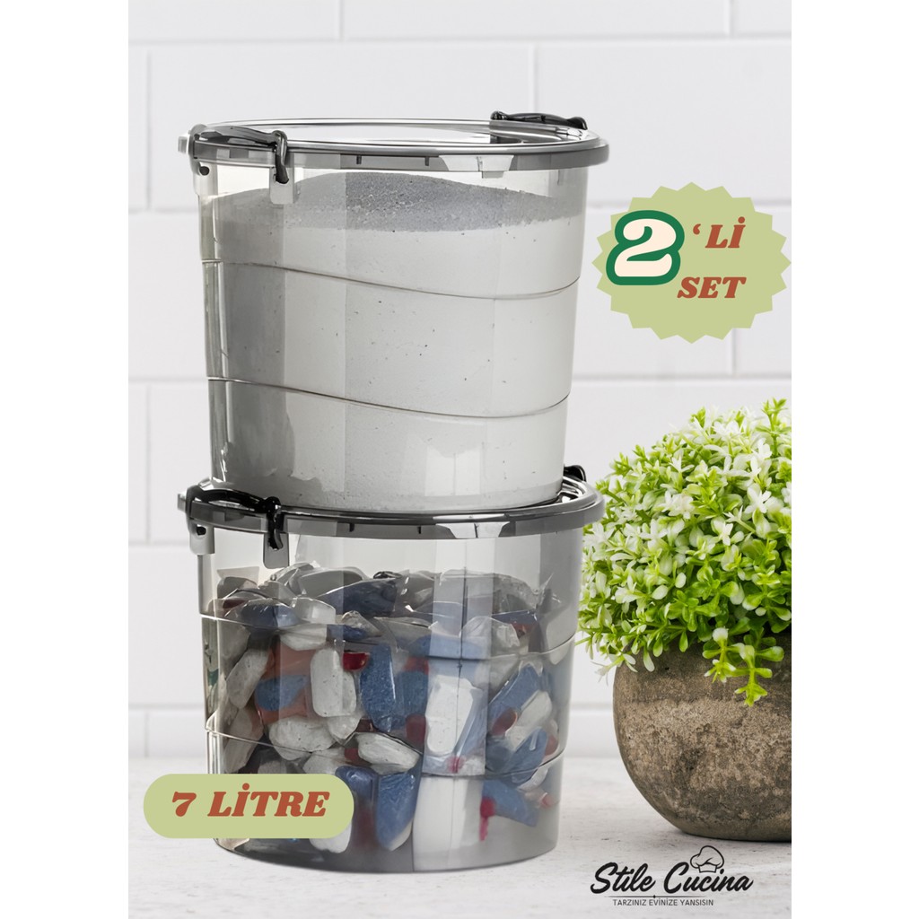 Stile Cucina Mega Boy Avantajlı 2'li Yuvarlak Kulplu Deterjanlık Saklama Kutusu - 7 Litre Antrasit Deterjan ve Temizlik Ürünleri Fiyatı
